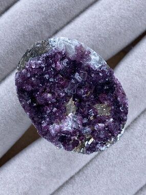 Fluorite & Pyrite Ring • Raw Purple Druzy Crystal • Adjustable Silver Statement